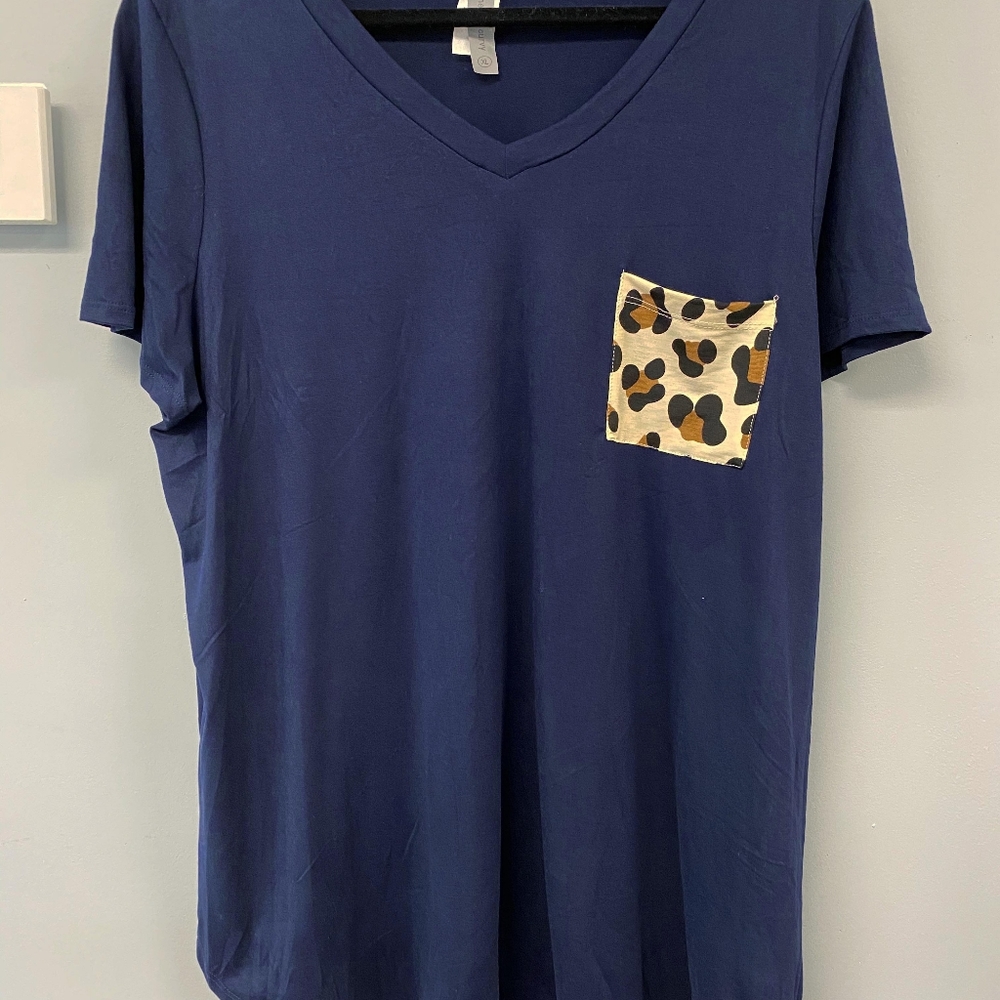 Navy Blue Top with Animal Print Pocket